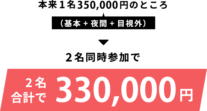 本来1名350,000円のところ、2名様同時参加で330,000円