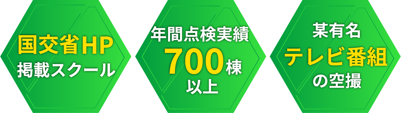 国交相HP掲載スクール、テレビ番組の空撮、年間点検実績700棟以上